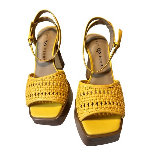 Katy Perry Womens Yellow Woven Block Heeled Sandals With Ankle Strap & Buckle Cl - Picture 1 of 6
